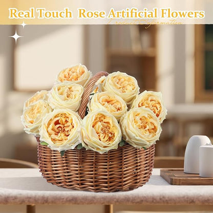 10pcs Real Touch Peonies Artificial Flowers, Faux Austin Rose with Long Stem Look Real Fake Flower for Christmas Valentines Arrangement Wedding Party Home Kitchen Decor(Champagne)