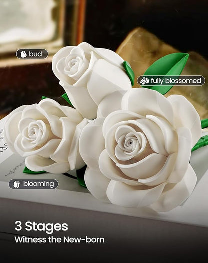 iATOM White Rose Bouquet Building Set, Wedding Artificial Flowers Botanical Collection for Adults Women, Gift for Christmas & Valentines Day - Home Office Table Centerpiece Decor - IA11013