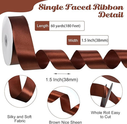Brown Ribbon 60 Yards 1 1/2 Inch Brown Satin Ribbon for Fall Decor Gift Wrapping Flower Bouquet Bows Crafts Wedding Christmas Decorations