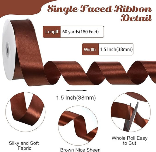 Brown Ribbon 60 Yards 1 1/2 Inch Brown Satin Ribbon for Fall Decor Gift Wrapping Flower Bouquet Bows Crafts Wedding Christmas Decorations