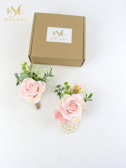 Meldel Wrist Corsage and Boutonniere Set(2pcs), Artificial Silk Rose Pink Wrist Flower for Bride Bridesmaids, Boutonniere for Groom Best Man Wedding Flower Accessories Prom Ceremony Party Decor