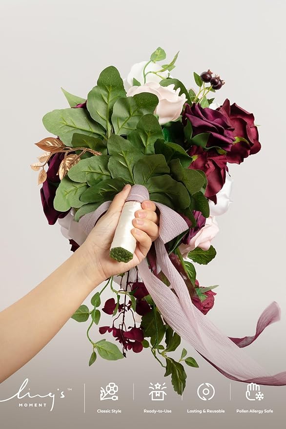 Ling's moment Red Bridal Bouquet Cascading, Burgundy Wedding Bouquets for Bride, 13 Inch Bride Bouquets for Wedding Artificial Flowers Bouquets