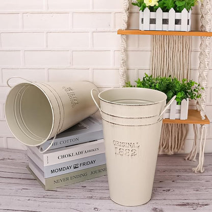 3-Pack 12 Inch Vintage Rustic Galvanized Steel French Bucket Vases for Centerpiece and Home Decor, Weddings