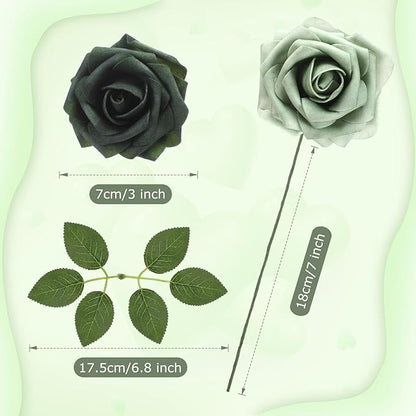 100 Pieces Artificial Foam Rose Flowers Faux Bouquet with Leaves and Stems for DIY Wedding Bouquets Centerpieces Bridal Shower Party Valentine Home Decorations (Shades of Emerald)