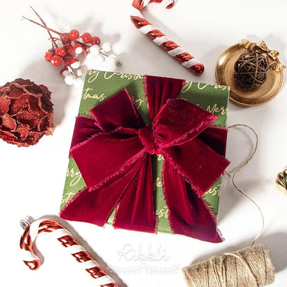 Ribbli Burgundy Velvet Ribbon 2 Inch Handmade Frayed Vintage Christmas Ribbon for Gift Wrapping Christmas Tree Ornament Wreath Craft Home Decor -3 Yards