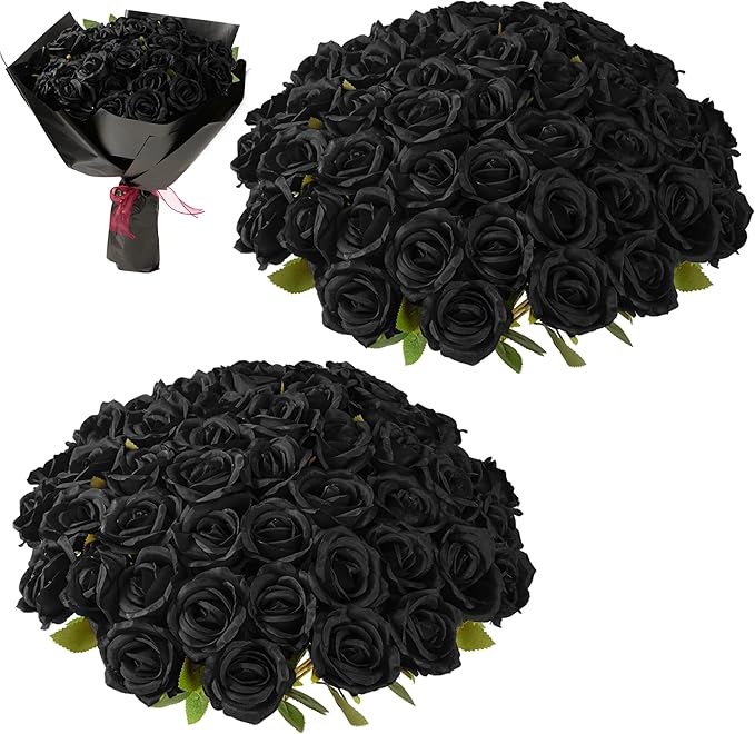 Black Roses Artificial Flowers Bulk, 52Pcs Fake Roses Flower Arrangement, DIY Silk Flowers Roses Bouquet, Realistic Faux Artificial Roses for Mother's Day Home Table Decor