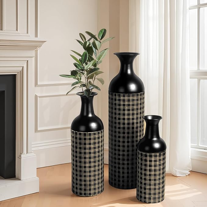 Tall Floor Vase Set of 3, Large Black Metal Vases with Minimalist Gold Lines & Detachable Vase Mouth, Big Modern Decorative Vases for Living Room,Hallway,Dining Room,Office,Kitchen.