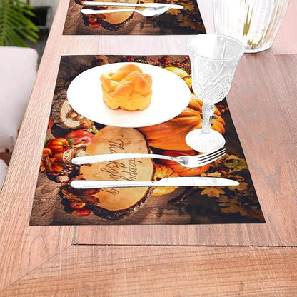 PVC Placemats Set of 4 Wipeable Table Mats Washable Heat Resistant Non Slip Vinyl Dining Table Mat for Kitchen Indoor Outdoor Patio Farmhouse Place Mats Thanksgiving Pumpkin Decorate Decorative