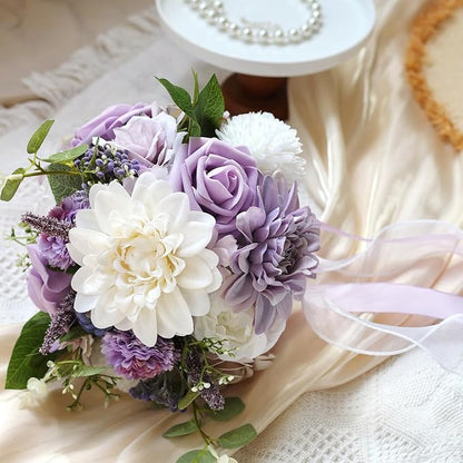 Lavender Purple Wedding Bouquets for Bride Bridesmaid,Lilac Bridal Bouquet Artificial Fake Silk Roses Flowers for Wedding Boho French Vintage Rustic Church Decoration Toss Bouquet (8.6in(M))