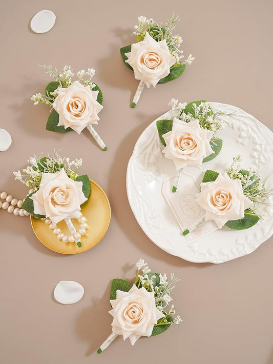 Champagne Rose Boutonnieres for Men Wedding with Pins, Set of 6, Baby's Breath Boutonniere for Best Men Groom Groomsmen Wedding Prom Homecoming