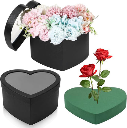 Nuenen Heart Shaped Flower Gift Boxes, Floral Gift Box with Lids Floral Foam Clear Cellophane 9.8 x 9 x 5 Inches for Birthday Wedding Proposal Packaging Arrangements(Black)