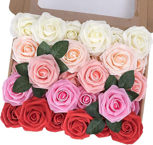MACTING Artificial Rose Flowers 30PCS Fake Flowers with Stem Real Touch Soft Foam Rose for Valentines Day Gifts Wedding Bouquet Baby Shower Table Centerpieces Spring Decorations,Gradual Red Series