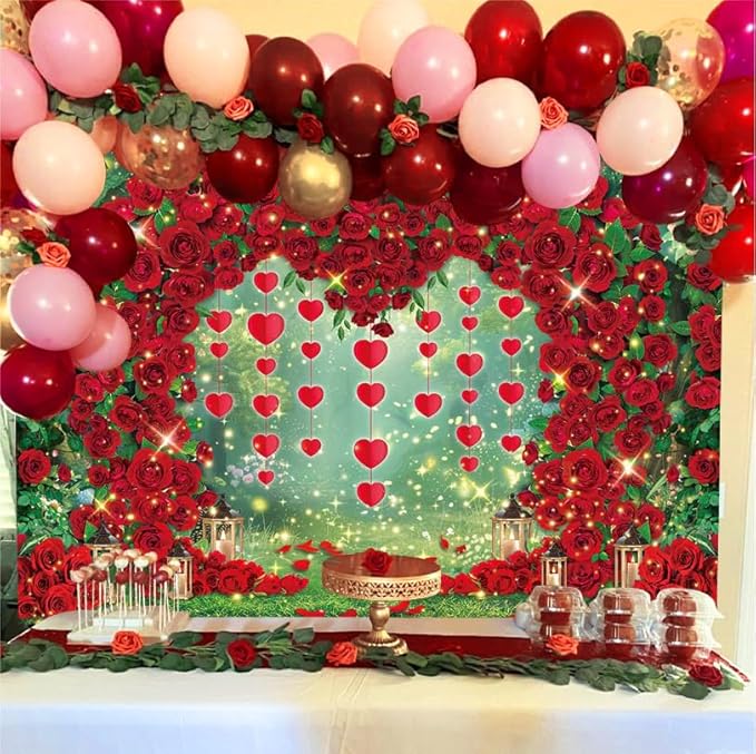 Valentine's Day Backdrop Red Rose Love Heart Garden Photography Background Floral Wedding Bridal Shower Birthday Party Decorations Photo Banner Props (82x59inch(7x5FT))