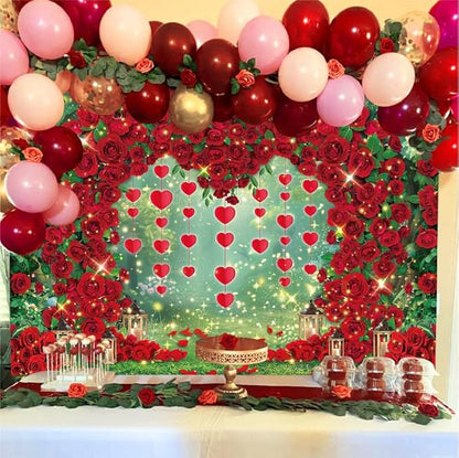 Valentine's Day Backdrop Red Rose Love Heart Garden Photography Background Floral Wedding Bridal Shower Birthday Party Decorations Photo Banner Props (94x70inch(8x6FT))
