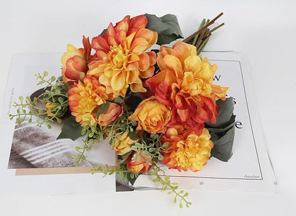 Orange Dahlia Peonies Artificial Flowers 2 Bouquets Dahlia Combo Peony Silk Flowers 18stems Faux Flowers for Vase Home Tables Wedding Bouquets Centerpieces Bridal Shower Decor (Orange)