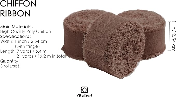 Vitalizart Brown Chiffon Silk Ribbon 1" x 21 Yd Fringe Fabric Package (3 Rolls * 7 Yd) for Wedding Invitations Bridal Bouquets Decorations Gifts Wrapping & Bow Making