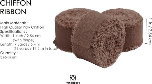 Vitalizart Brown Chiffon Silk Ribbon 1" x 21 Yd Fringe Fabric Package (3 Rolls * 7 Yd) for Wedding Invitations Bridal Bouquets Decorations Gifts Wrapping & Bow Making