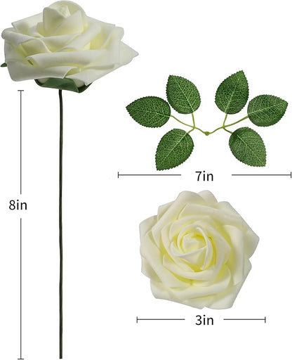 DuHouse 25Pcs Artificial Roses Flowers Fake Roses with Stems Real Touch Foam Flowers for DIY Wedding Bouquet Baby Shower Centerpiece Floral Arrangement Party Home Decor(Cream)