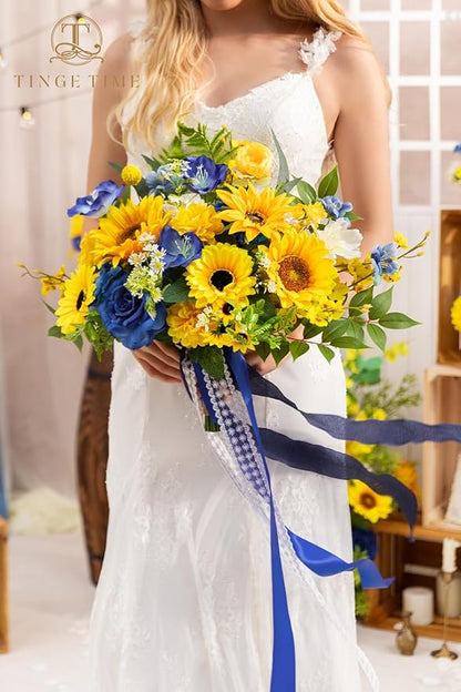 TINGE TIME 13 InchWedding Bouquets for Bride,Bridal Bouquet for Bride, Artificial Silk Sunflowers for Graduation Bouquet, Fake Flowers for Wedding Ceremony and Anniversary (Sunflower&RoyalBlue)