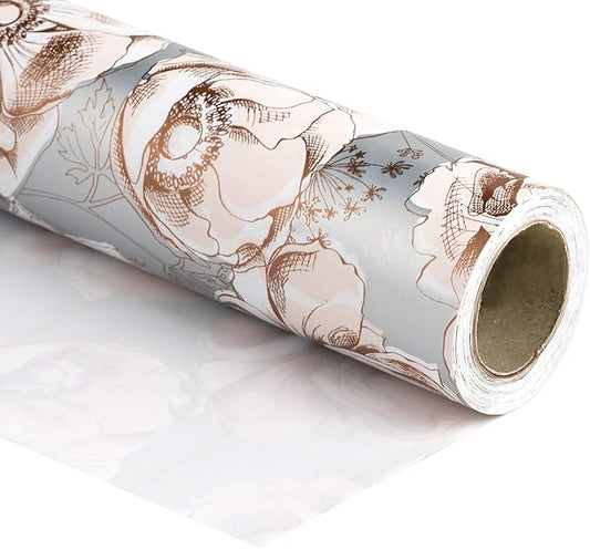 WRAPAHOLIC 30 Inch Reversible Floral Wrapping Paper - 30 Inch X 33 Feet - Sliver Flower Wrapping Paper for Wedding, Birthday, Valentines' Day, Baby Shower, Anniversary, Bridal Shower