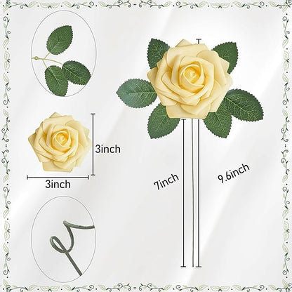 Artificial Flowers, 50pcs Yellow and White Artificial Rose for DIY Wedding Bouquets Centerpieces Arrangements, Fake Flower with Stems for Party Home Decorations