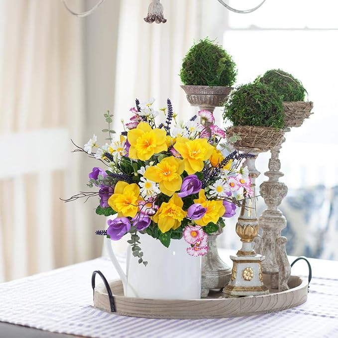 Fake Flowers Outdoor 15.7" Summer Artificial Wildflowers Bouquet Mixed Bush Faux Silk Flowers for Home Planter Porch Garden Cemetery Table Centerpieces Indoor Décor (Daffodils Tulips Daisies)