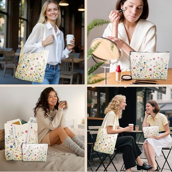 Flower Plant Lover Gifts for Women Canvas Tote Bag with Makeup Bag Cosmetic Bags Grocery Bags for Shopping Christmas