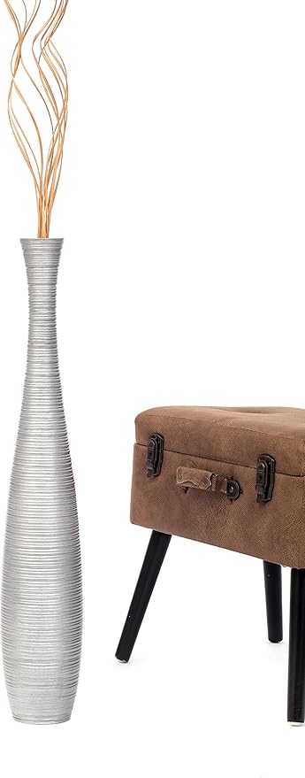 Leewadee Large Silver Home Decor Floor Vase - Wooden 26 inch Tall Farmhouse Decor Flower Holder for Fake Plant and Pampas Grass