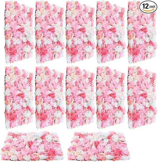16"x 24" Artificial Flower Wall Panels,Flower Wall Mat Silk Flower Panels for Outdoor Garden Backyard Fence Fence Privacy Screen and Indoor Wall Decor(12Pcs Pink+White+Rose Red)