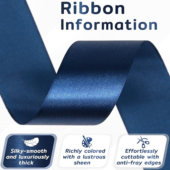 60 Yards Navy Blue Ribbon 1-1/2 Inch, Solid Dark Blue Satin Ribbon for Gift Wrapping, Crafts, Flower Bouquet, Wedding, Baby Shower, Festival, Christmas, Halloween