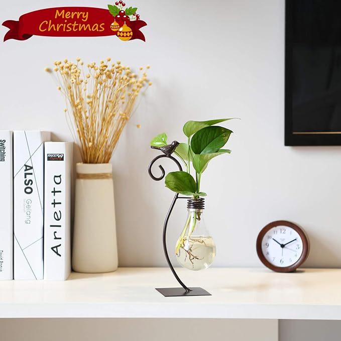 Marbrasse Desktop Glass Planter Hydroponics Vase,Planter Bulb Vase with Holder for Home Decoration,Modern Creative Bird Plant Terrarium Stand, Scindapsus Container (Bulb Vase)