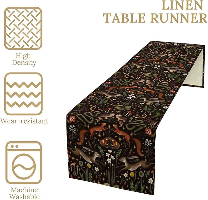 Rustic Forest Table Runner, Fairy Tale Forest Woodland Wild Animals Moths Flowers Table Runner for Farmhouse Cottage Kitchen Dining Table Decor Indoor Outdoor Party, 13x36inch