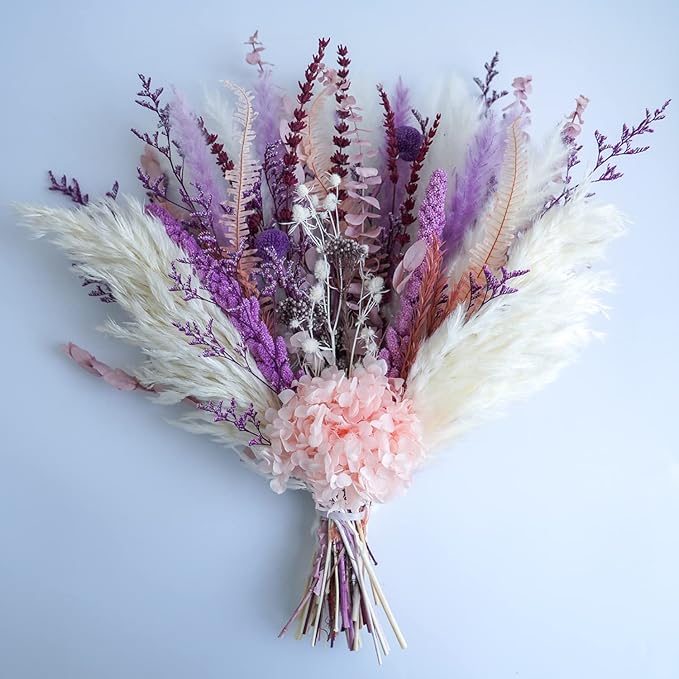MUYEJI Natural Dried Flowers Pampas Grass Bouquet, Boho Home Table Decor, White & Purple Pampas Grass, Fluffy Dried Flower Arrangement for Table Centerpiece, Home Office Wedding Decorations