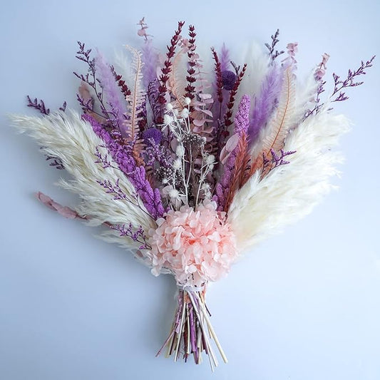 MUYEJI Natural Dried Flowers Pampas Grass Bouquet, Boho Home Table Decor, White & Purple Pampas Grass, Fluffy Dried Flower Arrangement for Table Centerpiece, Home Office Wedding Decorations