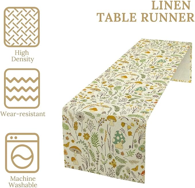 Wild Mushroom Table Runner, Vintage Botanical Rustic Retro Wildflower Herbs Plants Green Mushroom Table Cover for Home Kitchen Dining Decor Indoor Outdoor Party, 13x70inch