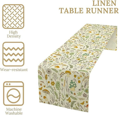 Wild Mushroom Table Runner, Vintage Botanical Rustic Retro Wildflower Herbs Plants Green Mushroom Table Cover for Home Kitchen Dining Decor Indoor Outdoor Party, 13x70inch