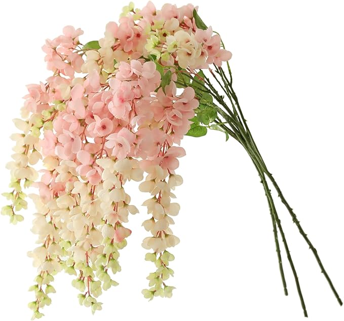 Dailisen 3 Strands 40'' Silk Blush Wisteria Artificial Flowers, Fake Wisteria Floral Hanging Plant Garland, for Home Decor, Party, Floor Vase, Balcony, Wedding Arrangement Decoration (Blush)
