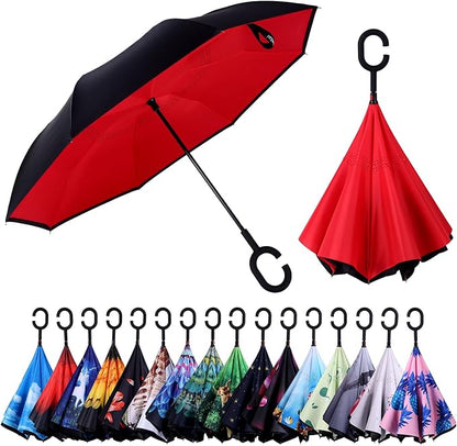 Inverted Umbrella, 49 Inch Double-Layer Vented Reverse Umbrella, Windproof Waterproof UV Protection, Lightweight C-Handle, Fiberglass Ribs, Steel Shaft, Travel/Commute/Car Use, With Sleeve
