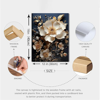 3D Abstract Flower Canvas Wall Art White Floral Texture Poster Prints Serene Blossoms Wall decor pictures for Bedroom and Bathroom Home Decorations Framed (12inx16in Canvas)