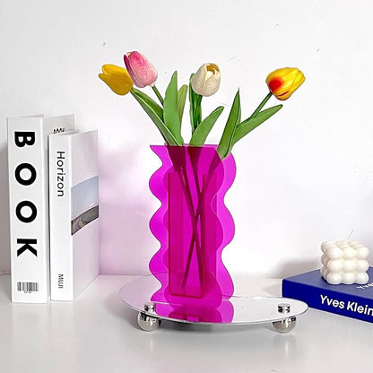 Hot Pink Acrylic Vase, 8-Inch Wave Shaped, Modern Centerpiece, Home Office Decor