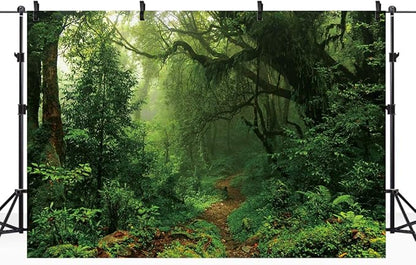 Riyidecor Jungle Rainforest Backdrop Fabric Polyester Spring Enchanted Nature Trees Green Dreamland Dirt Road Photography Background 7Wx5H Feet Decoration Props Party Photo Shoot Backdrop