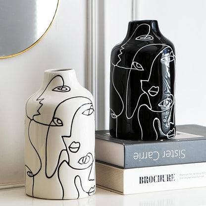 Kimdio Ceramic Vase Set, 2pcs Black and White Abstract Irregular Design Flower Vases, Modern Home Decor Living Room Decor Minimalist Decorative Vase for Pampas Grass