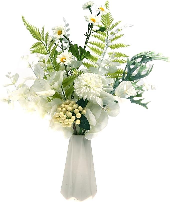Tinsow 12 Pcs Artificial Flowers Faux Ball Chrysanthemum Bouquet Silk White Flowers Bridal Wedding Bouquet for Home Garden Party Wedding Decoration (White, 12)