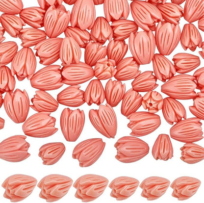 1 Box 100Pcs 2 Styles Carved Coral Beads 3D Flower Beads Pink Jasmine Small Artificial Floral Dyed Synthetic Coral Smooth Loose Spacers Findings for Jewelry Making Bracelet Necklace DIY Craft