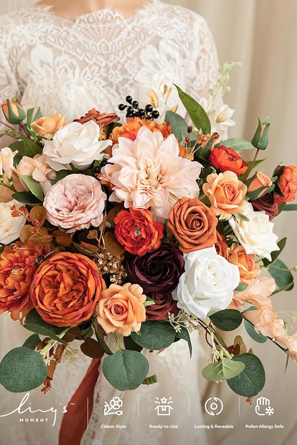 Ling's moment Terracotta Wedding Bouquets for Bride, Burnt Orange Bridal Bouquets for Bride, 15 Inch Free Form Artificial Wedding Flower Bouquet