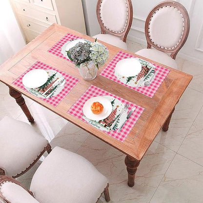 PVC Placemats Set of 1 Wipeable Table Mats Washable Heat Resistant Non Slip Vinyl Dining Table Mat for Kitchen Indoor Outdoor Patio Farmhouse Place Mats Pink Grid Christmas Tree Decorative