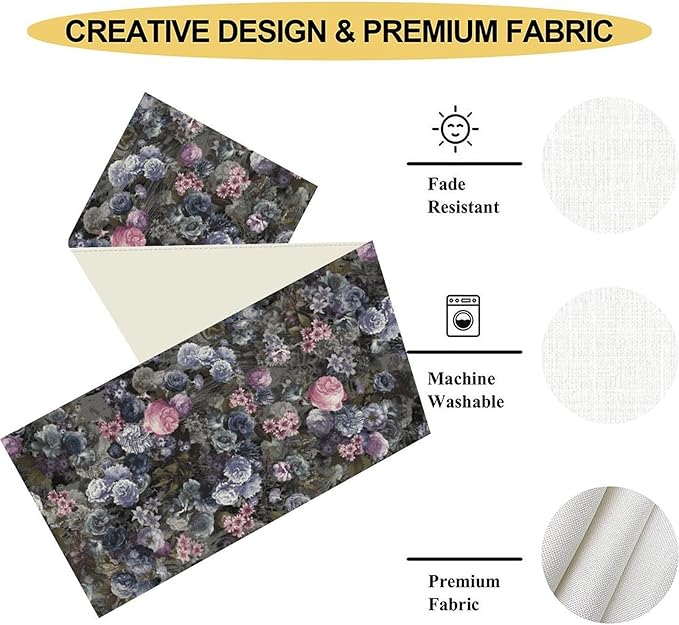 Vintage Floral Table Runner, Gothic Pink Blue Floral Boho Flower Garden Botanical Spring Seasonal Print Table Center Decor for Family Kitchen Table Decorations Indoor Outdoor 13x90 inch
