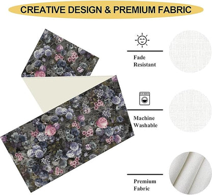 Vintage Floral Table Runner, Gothic Pink Blue Floral Boho Flower Garden Botanical Spring Seasonal Print Table Center Decor for Family Kitchen Table Decorations Indoor Outdoor 13x90 inch