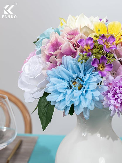 FANKO Artificial Flowers Mixed Fake Rose Combo, Pink Rose Light Blue & White Roses Blue Dahlia Assorted Blooms for DIY Wedding Bridal Bouquets/Centerpieces/Home Decor
