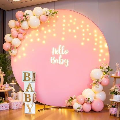 7.2 FT Pink Round Backdrop Cover with Lights String for Circle Arch Stand Circle Backdrop Covers with LED Fairy Lights for Wedding Baby Shower Girls Birthday Party Photo Shoot Photography Background
